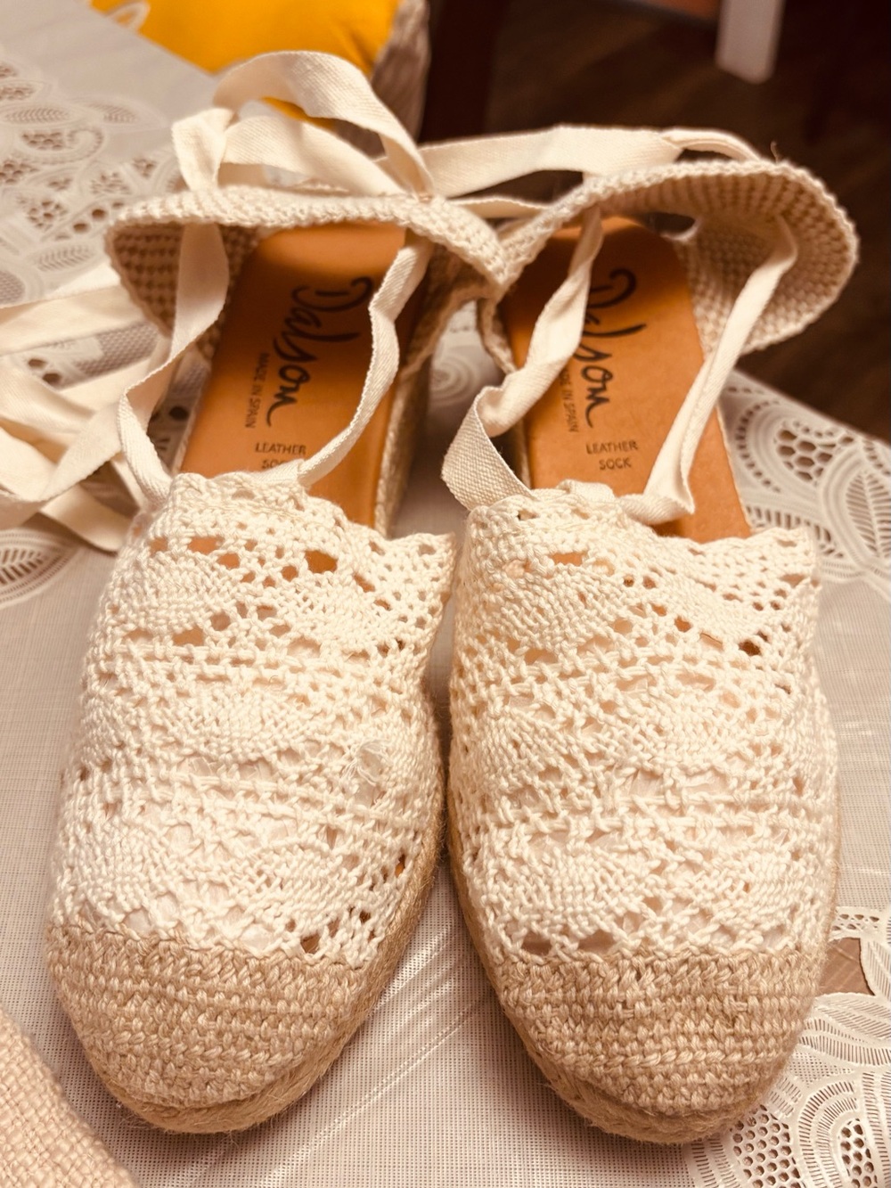 Women’s Cream Crochet Espadrille Wedge with Ankle Tie